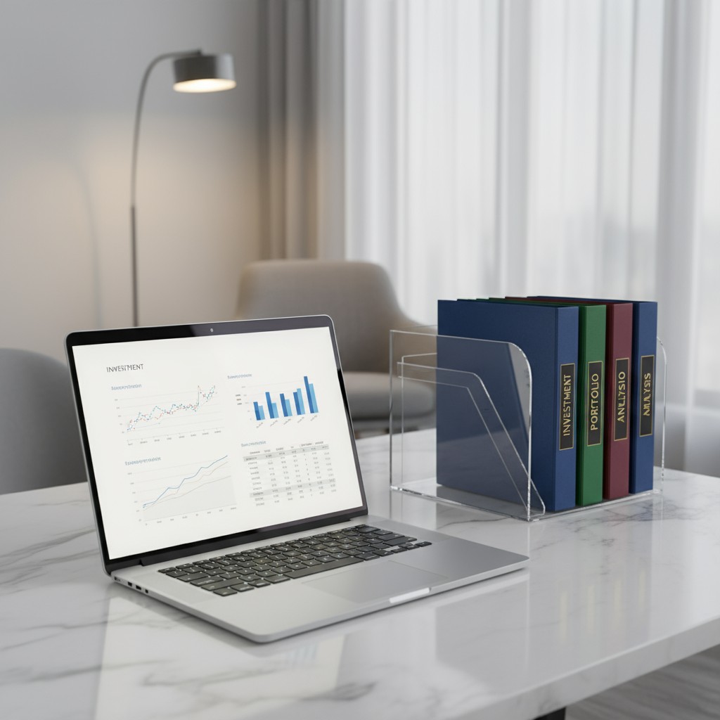 A laptop displaying an investment chart sits on a desk, accompanied by a file organizer containing binders labeled "INVEST...
