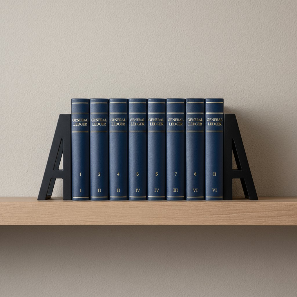 A shelf with the General Ledger books displayed on it.