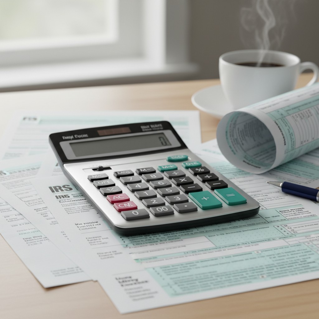 A tax calculator lays on a form, its screen reading "Test Code" and the keypad featuring red and green buttons. The scene ...